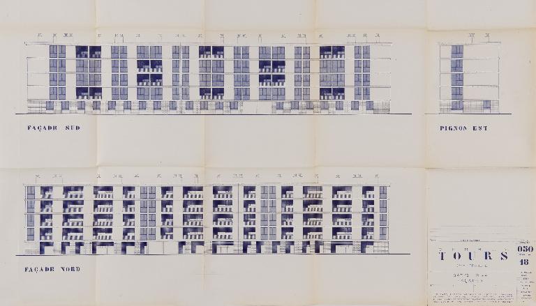 Plan des façades du bâtiment 12. (Archives communales de Tours, section contemporaine, Série W, cote 999 W 94).