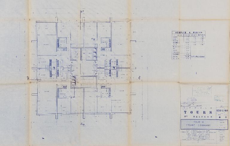 Plan d'étage courant - 1963. (Archives communales de Tours, section contemporaine, Série W, cote 999 W 97).