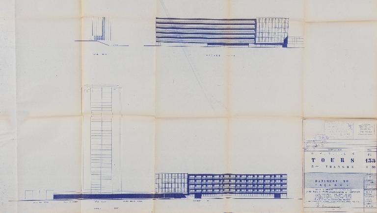 Plan des façades du premier projet - 1962. (Archives communales de Tours, section contemporaine, Série W, cote 999 W 97).
