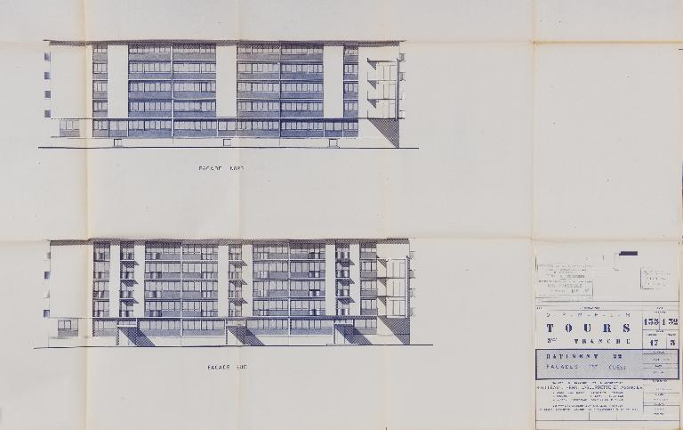 Plan des façades du bâtiment 22 - 1964. (Archives communales de Tours, section contemporaine, Série W, cote 999 W 98).