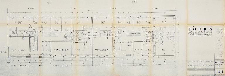 Bâtiment J - plan du rez-de-chaussée - 1955. (Archives communales de Tours, section contemporaine, Permis de construire n°55-727).