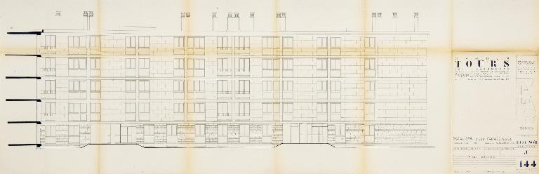 Bâtiment J - plan de la façade ouest - 1955. (Archives communales de Tours, section contemporaine, Permis de construire n°55-727).