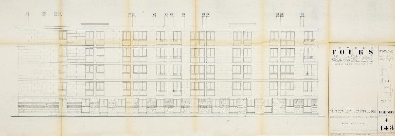 Bâtiment J - plan de la façade est - 1955. (Archives communales de Tours, section contemporaine, Permis de construire n°55-727).