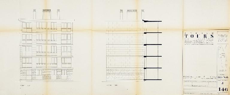 Bâtiment J - plan des pignons sud et nord - 1955. (Archives communales de Tours, section contemporaine, Permis de construire n°55-727).