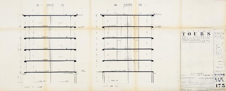 Bâtiment J - coupes - 1955. (Archives communales de Tours, section contemporaine, Permis de construire n°55-727).