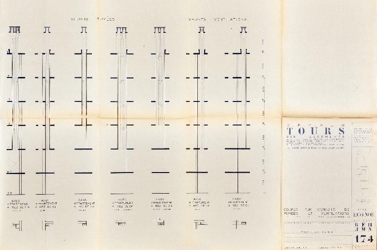 Coupes sur conduits de fumées et ventilations - 1955. (Archives communales de Tours, section contemporaine, Permis de construire n°55-727).