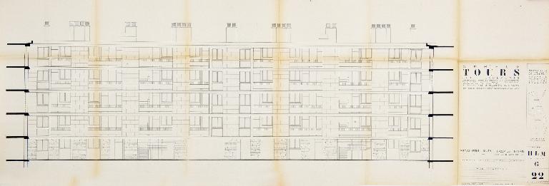 Bâtiment G - plan de la façade nord - 1955. (Archives communales de Tours, section contemporaine, Permis de construire n°55-727).