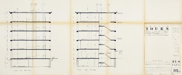 Bâtiment G - coupes - 1955. (Archives communales de Tours, section contemporaine, Permis de construire n°55-727).