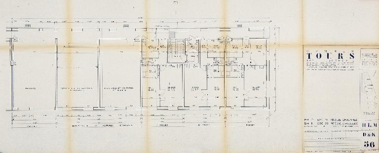 Bâtiments D et K - Plan du rez-de-chaussée - Partie est - 1955. (Archives communales de Tours, section contemporaine, Permis de construire n°55-727).