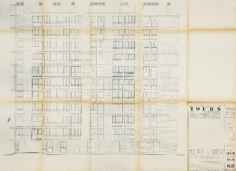 Bâtiments D et K - Plan de la façade sud - Partie est - 1955. (Archives communales de Tours, section contemporaine, Permis de construire n°55-727).