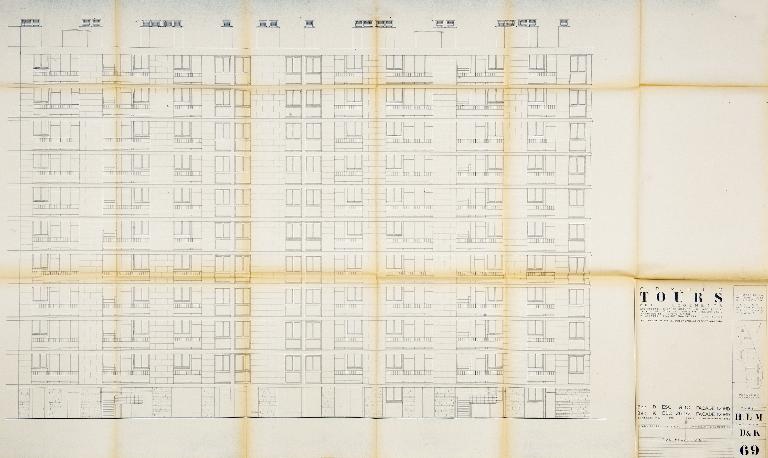 Bâtiments D et K - Plan de la façade nord - Partie ouest - 1955. (Archives communales de Tours, section contemporaine, Permis de construire n°55-727).