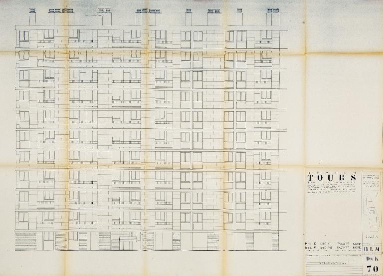 Bâtiments D et K - Plan de la façade nord - Partie est - 1955. (Archives communales de Tours, section contemporaine, Permis de construire n°55-727).