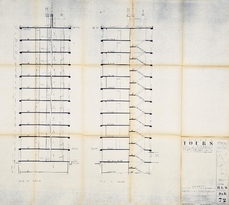 Bâtiments D et K - Coupes - 1955. (Archives communales de Tours, section contemporaine, Permis de construire n°55-727).