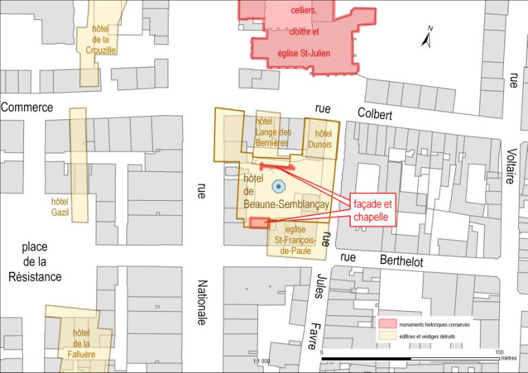 Plan d'implantation des hôtels détruits et des vestiges conservés. ; Plan d'implantation des hôtels détruits et des vestiges conservés.