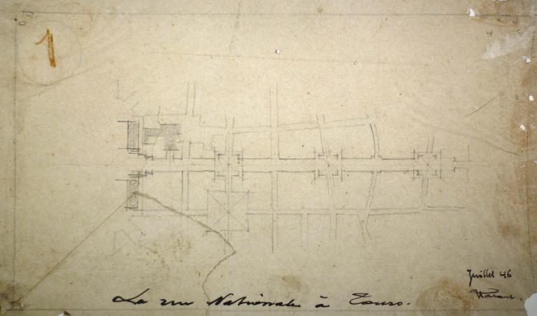 Esquisse en plan de la rue Nationale, P. Patout arch., juillet 1946. (archives municipales de Tours, 149 W 21).