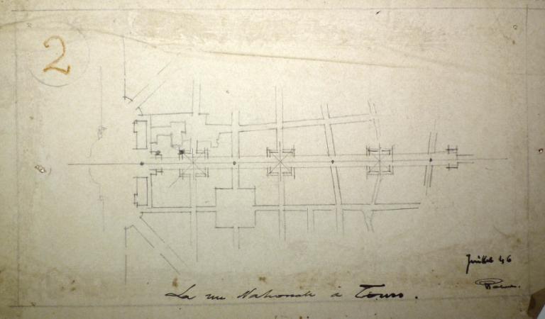 Esquisse en plan de la rue Nationale, P. Patout arch., juillet 1946. (archives municipales de Tours, 149 W 21).