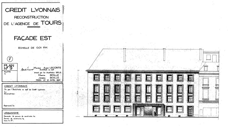 Avant-projet : élévation de la façade rue Nationale, A. Leconte, M. et J. Boille arch., 21 avril 1950. (archives municipales de Tours, Permis de construire 1950/n°430).