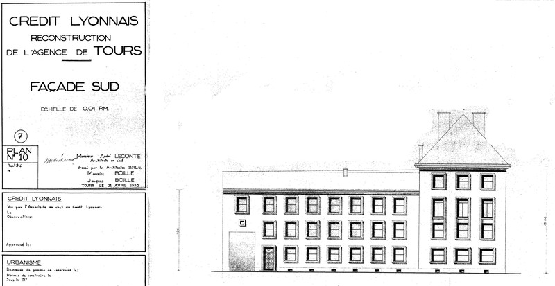 Avant-projet : élévation de la façade rue Etienne-Pallu, A. Leconte, M. et J. Boille arch., 21 avril 1950. (archives municipales de Tours, Permis de construire 1950/n°430).