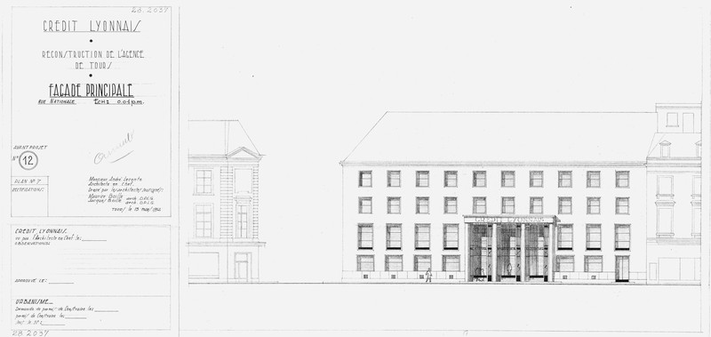 Avant-projet : élévation de la façade rue Nationale, A. Leconte, M. et J. Boille arch., 13 mars 1952. (archives municipales de Tours, Permis de construire 1952/n°183).