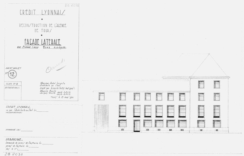Avant-projet : élévation de la façade rue Etienne-Pallu, A. Leconte, M. et J. Boille arch., 13 mars 1952. (archives municipales de Tours, Permis de construire 1952/n°183).