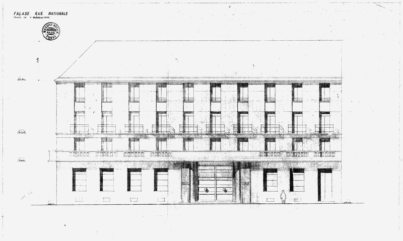 Avant-projet : élévation de la façade rue Nationale, M. Boille arch., 1er octobre 1952. (archives municipales de Tours, Permis de construire 1952/n°183).