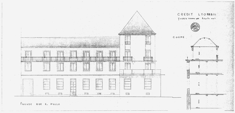 Avant-projet : élévation de la façade rue Etienne-Pallu, M. Boille arch., 1er octobre 1952. (archives municipales de Tours, Permis de construire 1952/n°183).