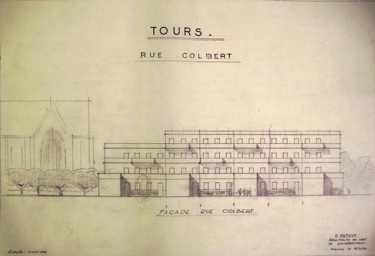 Elévation des façades rue Colbert, P. Patout arch., 8 mars 1956. (archives municipales de Tours, 149 W 22, S 796).