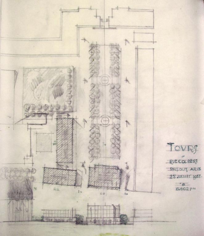 Plan masse de l'ensemble et du jardin, P. Patout arch., 25 juillet 1958. (archives municipales de Tours, 149 W 22, S 798).