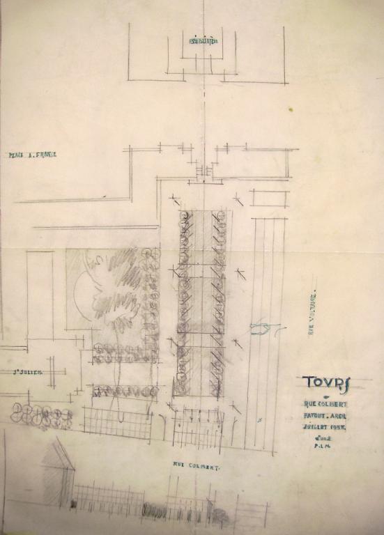 Plan masse de l'ensemble et du jardin, P. Patout arch., juillet 1958. (archives municipales de Tours, 149 W 22, S 802).