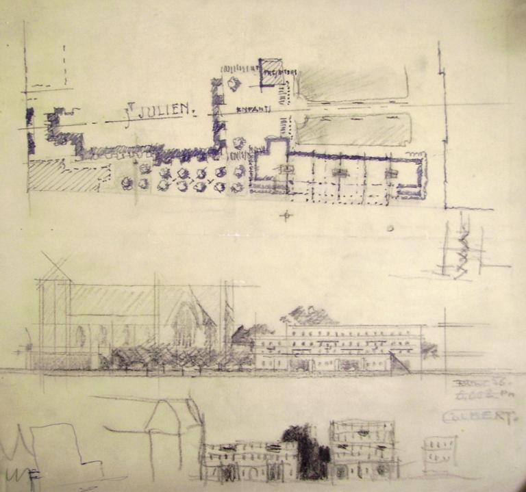Plan masse et élévations de l'ensemble , P. Patout arch., avril 1956. (archives municipales de Tours, 149 W 22, S 806).
