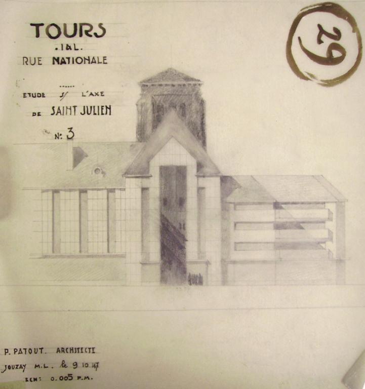 Etude sur l'axe de l'église Saint-Julien, P. Patout arch., 9 octobre 1947. (archives municipales de Tours, 149 W 22, S 893).
