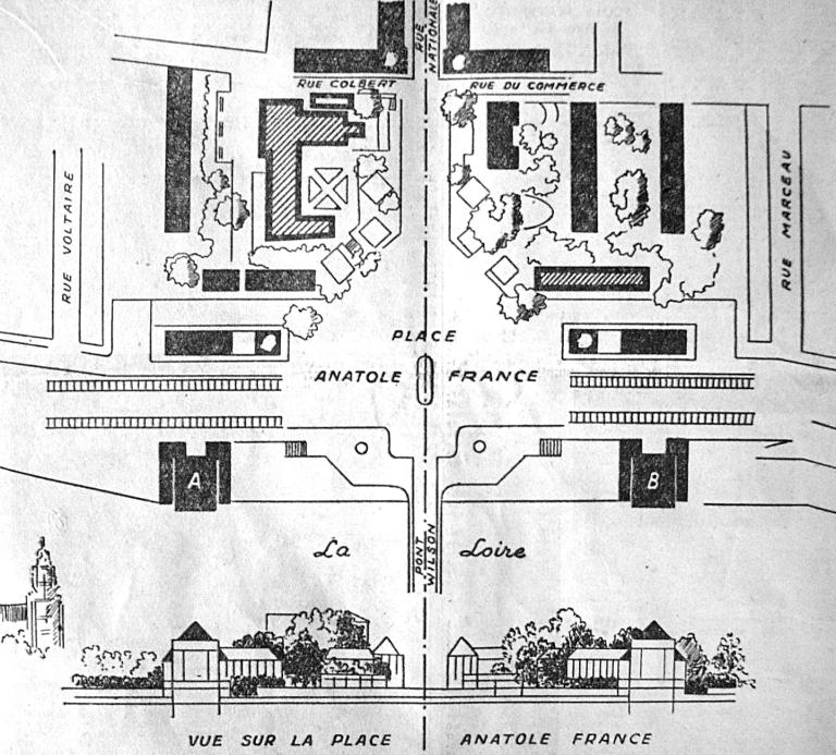 Plan masse de l'entrée nord, P. Patout arch., publié dans La Nouvelle République le 28 décembre 1949. (archives municipales de Tours).