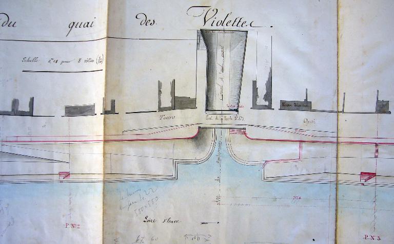 Détail d'un plan relatif à la rectification des rampes de l'Abreuvoir et de la rue de la Paix, ingénieur ordinaire Pluyette, 27 octobre 1863 : le port de Tours. (archives départementales d'Indre-et-Loire, S 5046).
