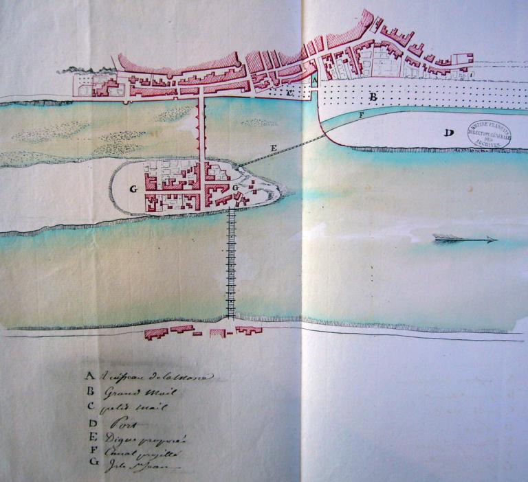 Dessins relatifs aux travaux exécutés de 1837 à 1845 pour améliorer la navigation de la Loire dans le département d'Indre-et-Loire, ingénieur ordinaire Cormier, 25 décembre 1844 : plan de la Loire à Chouzé-sur-Loire et évolution des digues submersibles de 1835 à 1844. (Ecole Nationale des Ponts-et Chaussées : Ms 2435).