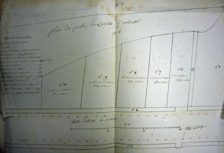 Plan des levées entre Tours et Langeais, milieu XVIIIe siècle, détail sur le Port Foucault. (archives départementales d'Indre-et-Loire, C 277).