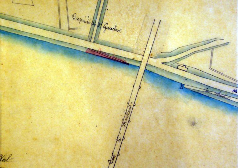 Plan de la Loire de Montsoreau à Mosne par l'ingénieur Cormier, 1er juillet 1811 : détail sur l'isle de Bréhémont. (archives nationales, F 14 608/1).