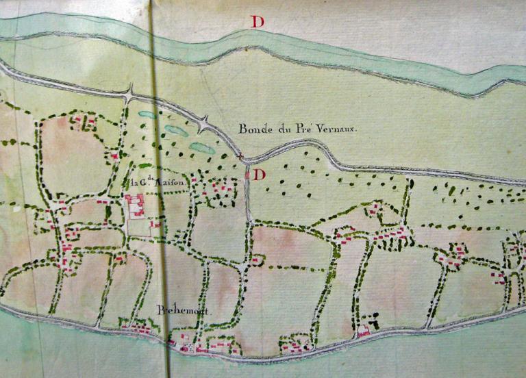 Carte du cours de la Loire depuis Coulanges jusqu'au Pont de Cé, vers 1755. Détail sur Fondettes : le Port Corbeau et le Port Foucault. (bibliothèque nationale, Cartes et Plans, Ge FF 17578 (res)).