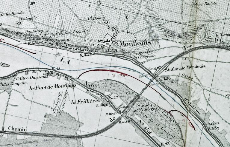 Plan de la Loire dans le département d'Indre-et-Loire, Service Spécial de la Loire, milieu XIXe siècle. Détail sur la cale établie vis à vis de Saint-Cyr. (archives départementales du Loiret, 12 Fi 7-28).