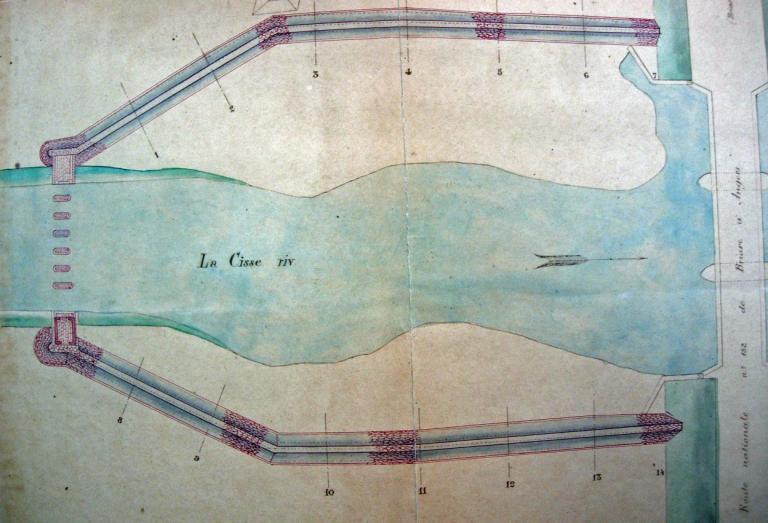 Plan des levées de Tours à Langeais, milieu XVIIIe siècle, détail sur Port Corbeau (une cale) et Port Vallière. (archives départementales d'Indre-et-Loire, C 277).