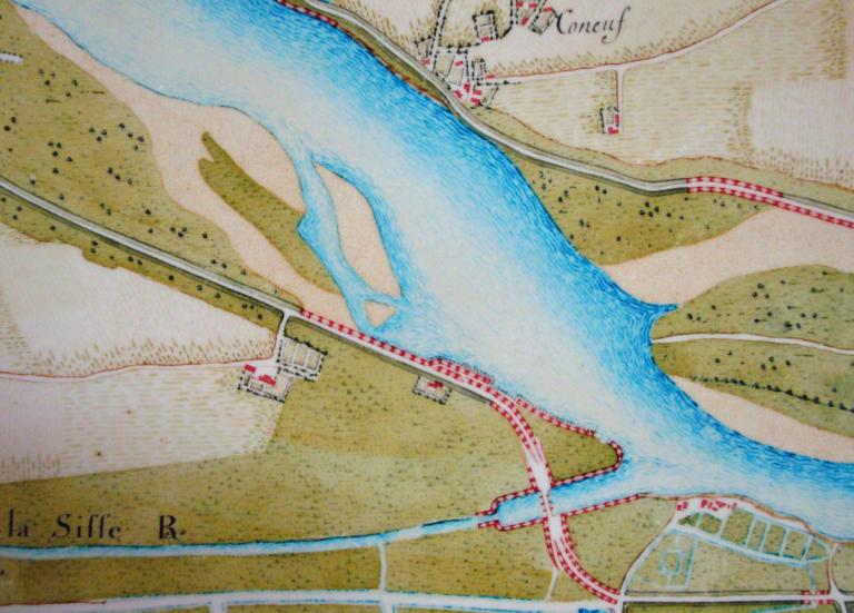 Extrait du cadastre napoléonien de Tours, 1833, partie située côté rive droite, en amont du pont de pierre. (archives départementales d'Indre-et-Loire, 3 P/261/4).