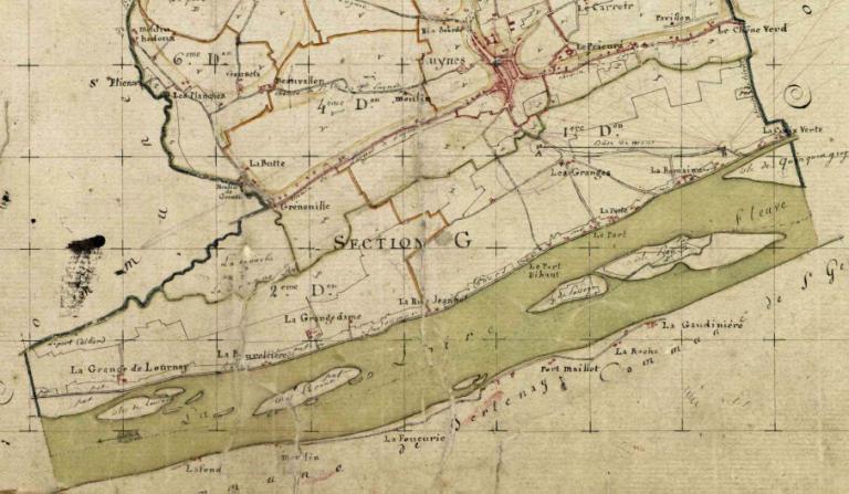 Carte de la ville de Tours et de ses environs dressée sur les matériaux du cadastre par Gayard géomètre en chef du cadastre, 1836. Détail sur la Loire dans toute la traversée de la ville.. (archives départementales d'Indre-et-Loire, 3 P/261/27).