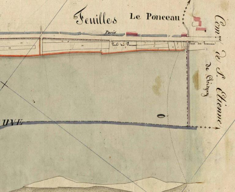 Plan de la Loire dans le département d'Indre-et-Loire (Service spécial de la Loire), années 1840. Détail sur l'entrée du canal de jonction Cher Loire. (archives départementales du Loiret, 12 Fi 7-28).