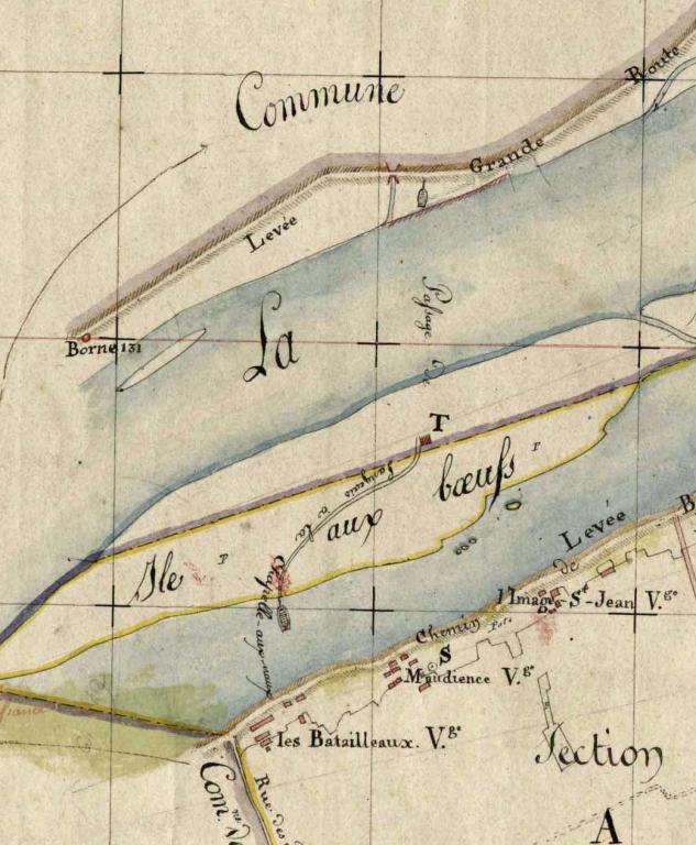 Carte du cours de la Loire depuis Coulanges jusqu'au Pont de Cé, vers 1755. Détail sur Tours. (bibliothèque nationale, Cartes et Plans, Ge FF 17578 (res)).