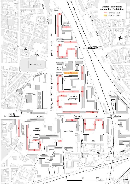 Plan de situation. ; Plan de situation des immeubles des première et deuxième tranches du Sanitas, dont les batiments H, I, J bordant l'allée de Cheverny. ; Plan de situation. La place de l'allée de la Belle-Fille se situe au sud-ouest du quartier du Sanitas. ; Plan de situation. La place Saint-Paul se situe au sud-ouest du secteur urbain du Sanitas.