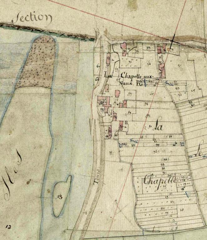 Atlas de la Loire depuis son embouchure jusqu'à Combleux, 1843, ingénieur en chef Lemière, détail sur Rochecorbon avec mention du port Marchandeau et du port Grades. (école nationale des Ponts-et-Chaussées, Ms fol 1824).