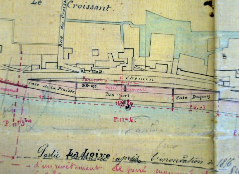 Plan de la Loire à Amboise avec mention du port au Bois, non daté (probablement 1851). Détail. (archives nationales, F 14 6615).