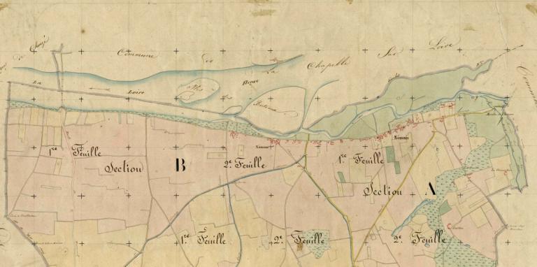 Plan général de la brèche de 1856 à la Chapelle-sur-Loire par l'ingénieur ordinaire de Basire, 16 juillet 1867. Détail sur la rampe d'accès à la cale en tablier. (archives départementales d'Indre-et-Loire, S 5006).