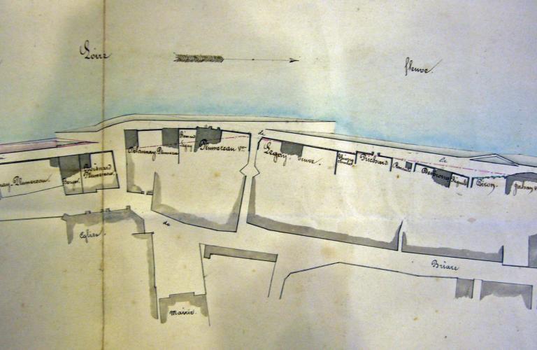 Carte du cours de la Loire depuis Coulanges jusqu'au Pont de Cé, vers 1755. Détail sur Langeais : mention du Port de Langeais sur la rive gauche. (bibliothèque nationale, Cartes et Plans, Ge FF 17578 (res)).
