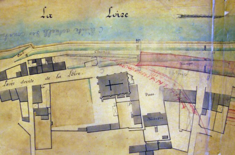 Carte de la Loire dans le département d'Indre-et-Loire, milieu XIXe siècle. Détail sur un ouvrage situé à la Guignière, en aval du Pont de la Motte. (archives départementales du Loiret, 12 Fi 7-28).