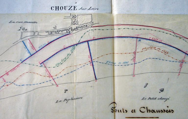 Carte de la Loire dans le département d'Indre-et-Loire, milieu XIXe siècle. Détail sur le Port Corbeau. (archives départementales du Loiret, 12 Fi 7-28).
